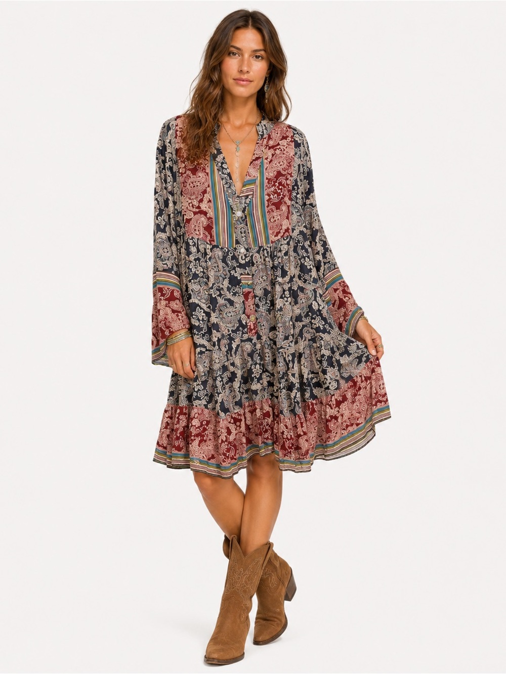 Made In Italy Paisley Print Tiered Dress Sz M/L Boho Relaxed V-neck Flowy Langen